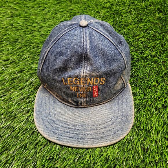 VTG 90s Levi's "Legends Never Die" Embroidered Faded Denim Dad Hat Baseball Cap - Picture 1 of 12